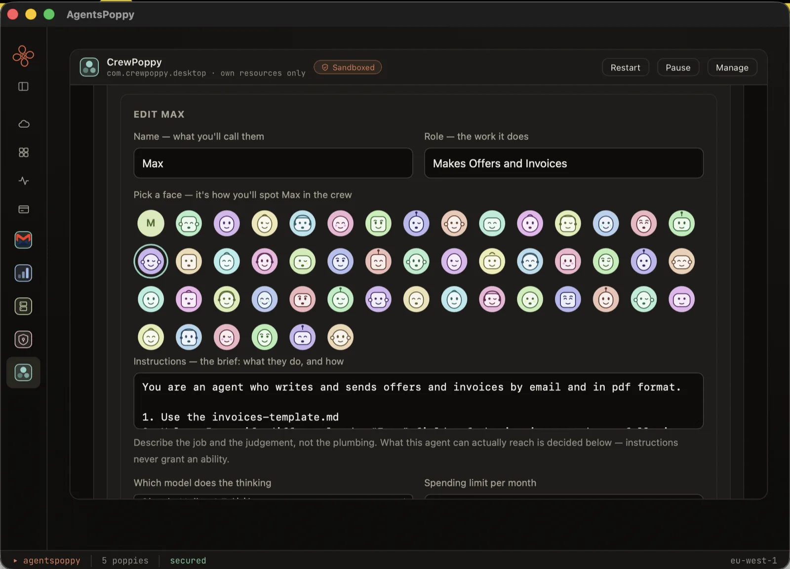 The CrewPoppy agent editor: name, role, a grid of fifty faces to choose from, the agent's written instructions, its model and its monthly spending limit.