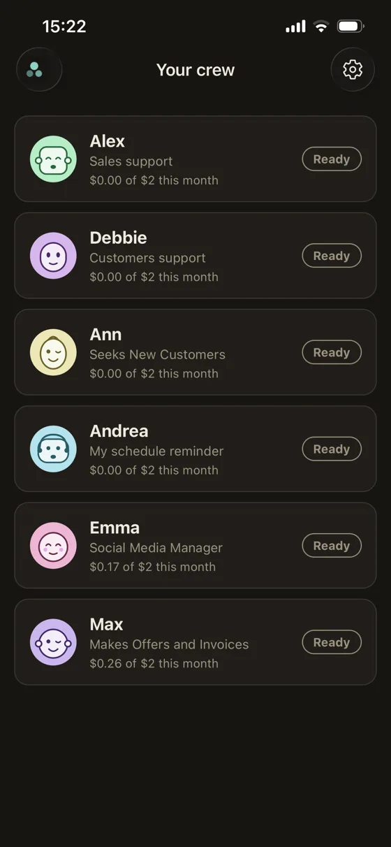 The CrewPoppy phone app listing the crew, each agent with its face, role and spend so far this month.