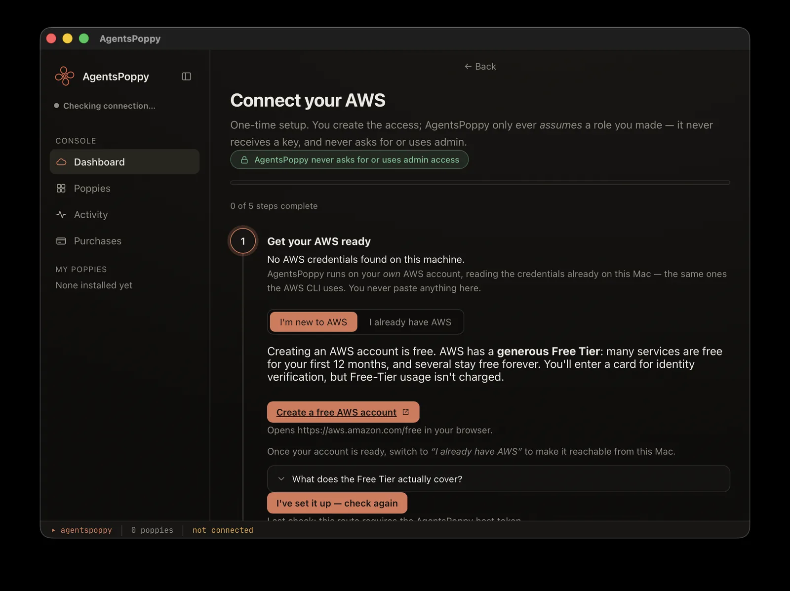 AgentsPoppy Connect your AWS screen on a machine with no AWS credentials, with an “I'm new to AWS” path and a “Create a free AWS account” button.