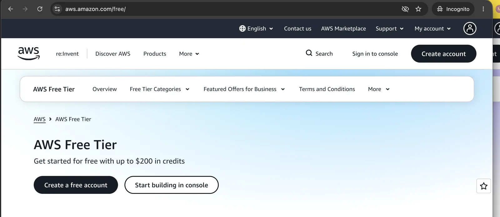 The AWS Free Tier page, where the Create a free AWS account button leads.