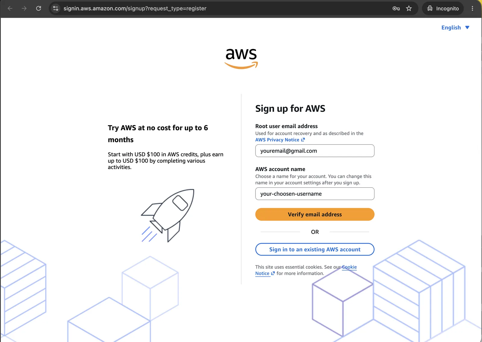 The AWS sign-up form asking for a root email address and an account name.