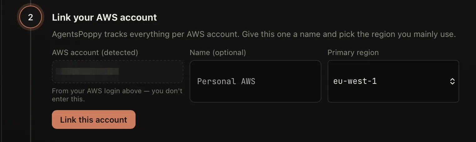 Linking the detected AWS account with a name and primary region.
