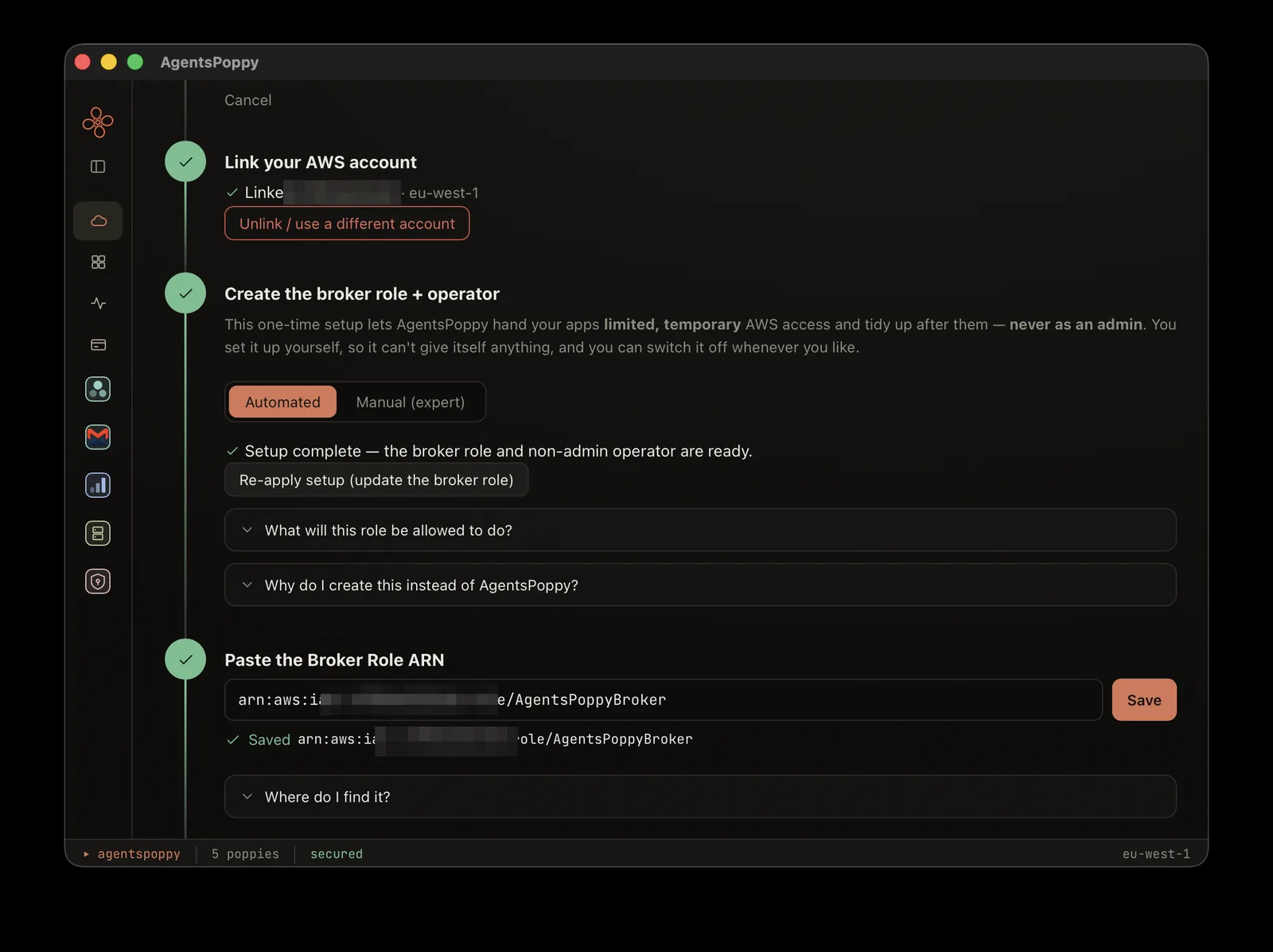 Creating the broker role and non-admin operator, then pasting the Broker Role ARN into AgentsPoppy.