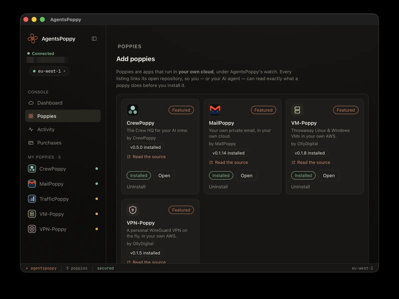 The in-app poppy catalogue: CrewPoppy, MailPoppy, VM-Poppy and VPN-Poppy, each with a Read the source link.