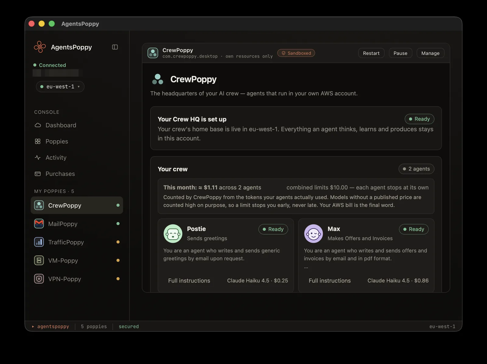 CrewPoppy running inside AgentsPoppy, sandboxed to its own resources, with a live monthly cost meter and two AI agents ready.