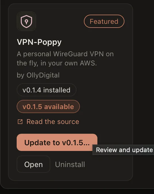 A poppy with an update available: v0.1.4 installed, v0.1.5 available, and a Review and update button.