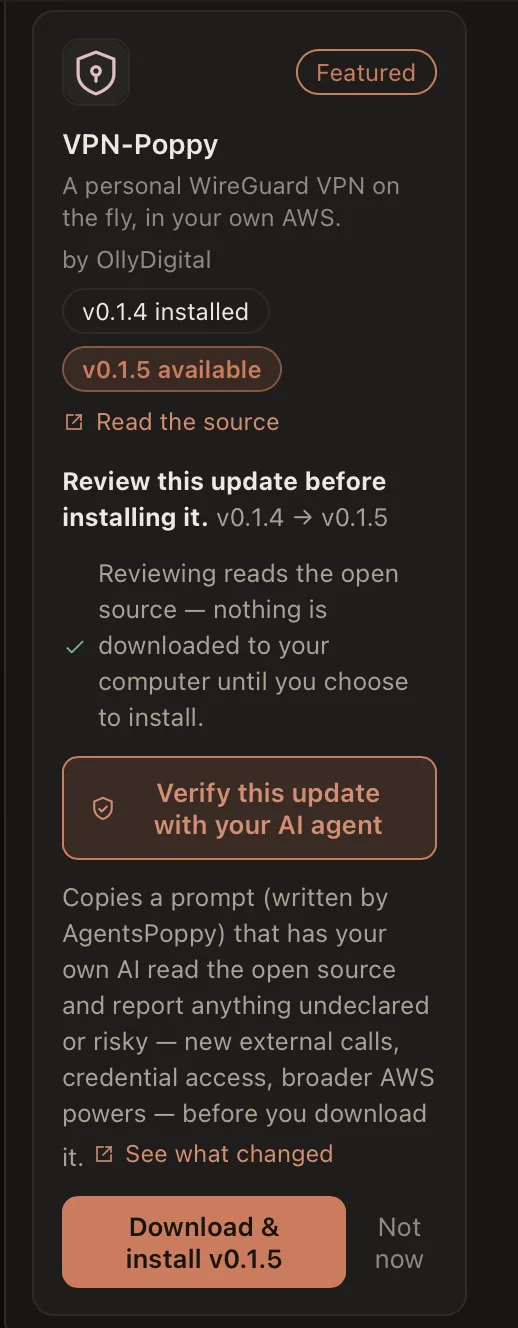 The update review card: review before installing, verify this update with your AI agent, and only then download and install.