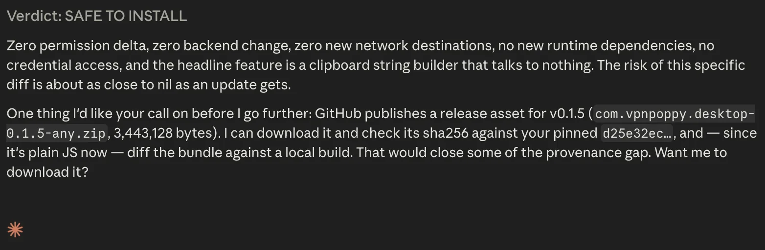 The AI agent's verdict on the update: safe to install — zero permission delta, zero new network destinations, no credential access.