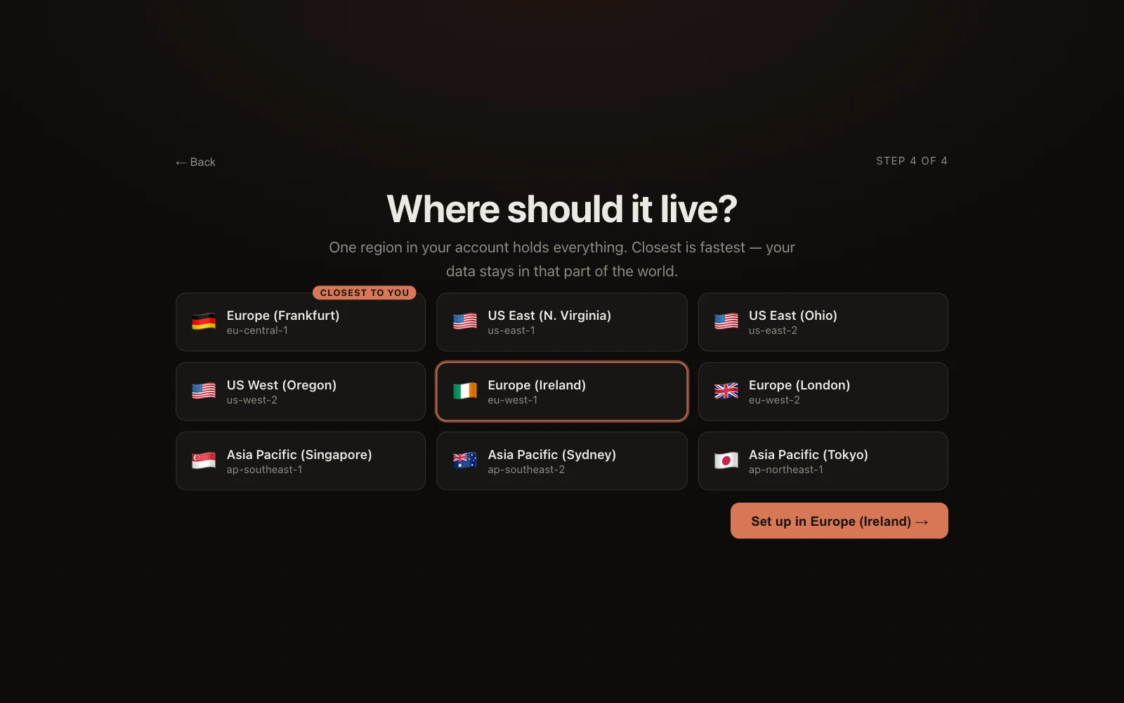 Step 4 of the setup: Where should it live? — region cards with flags, Europe (Frankfurt) marked Closest to you, and the finish button reading Set up in Europe (Ireland).