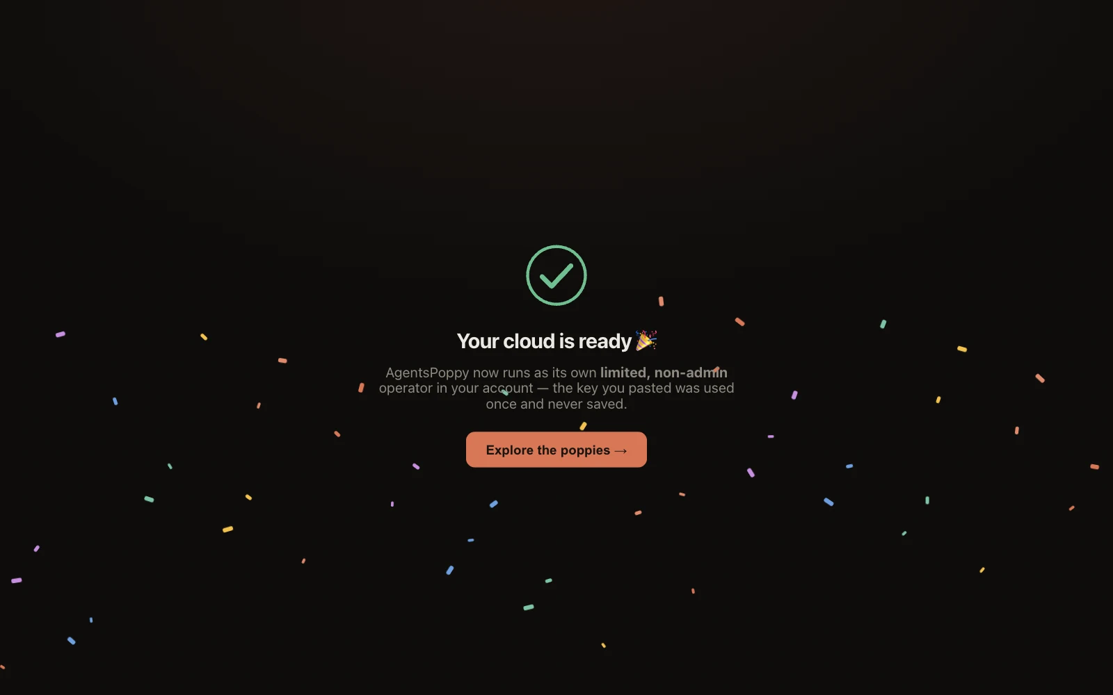 The setup's final screen: confetti falling around a green tick and the message Your cloud is ready.